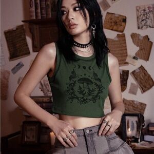 ROMWE Fairycore Mushroom Print Ribbed Tank Top Crop Dark Olive